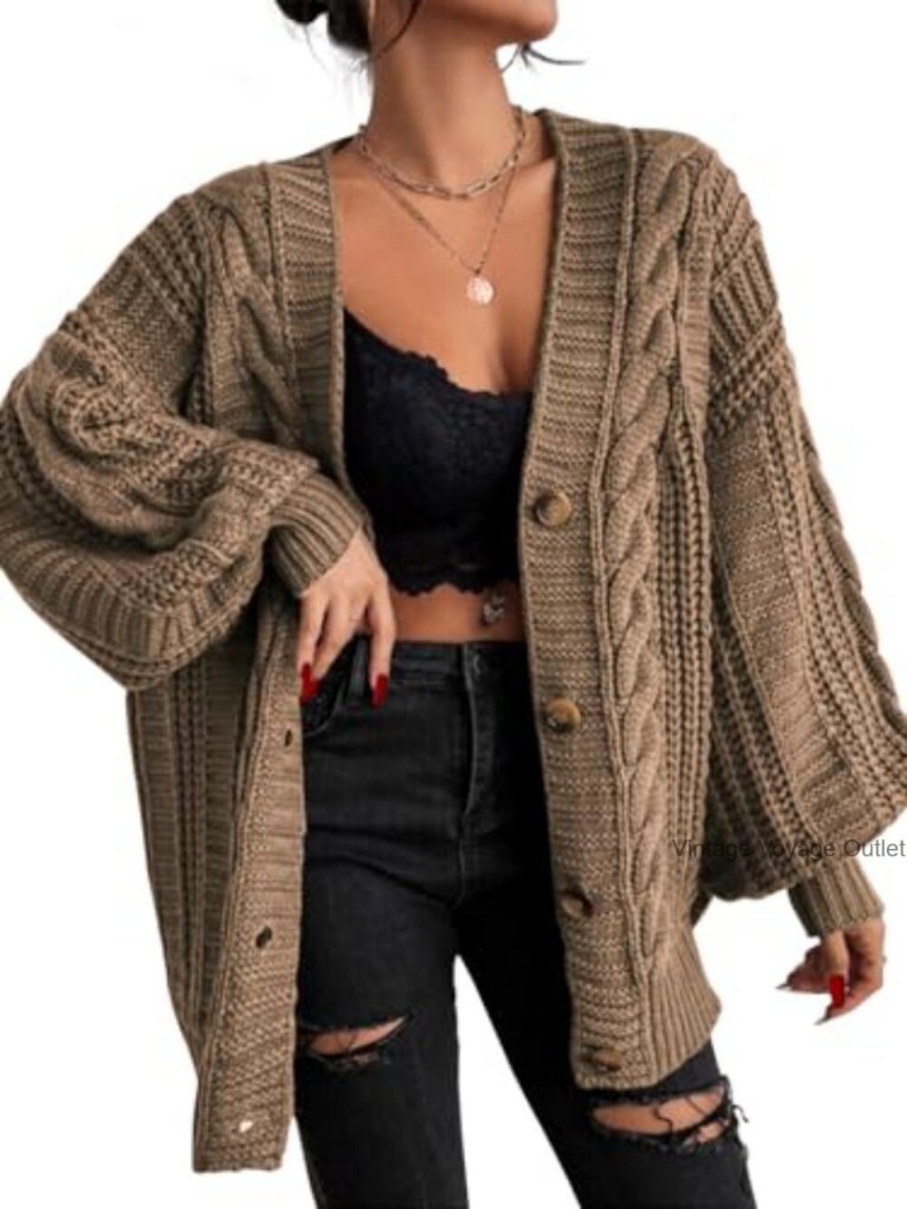 Oversized Cable Knit Cardigan Button Front V-Neck Long Sleeve Sweater
